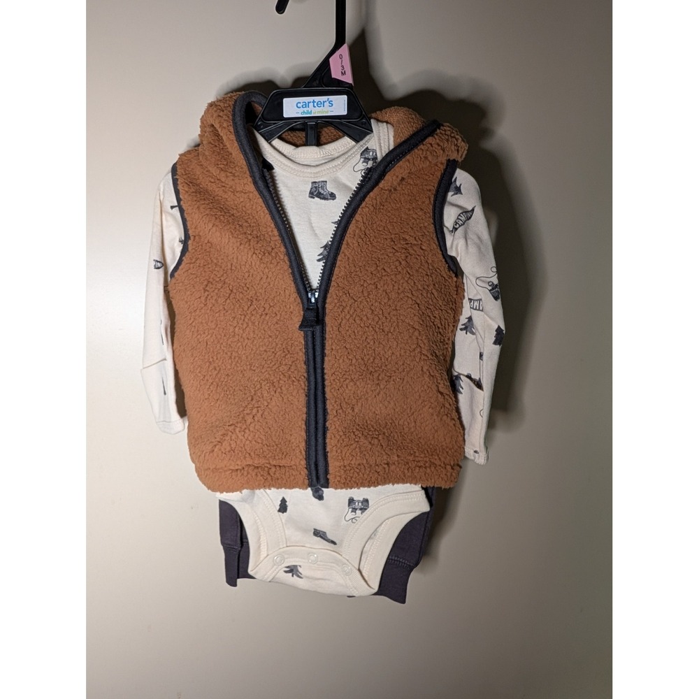 Child of Mine by Carters Baby Boy 3pc Sherpa Vest Bodysuit Pants Set 0-3M Brown